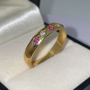Antique ERNST Solid 14K Yellow Gold Synthetic Ruby Faux Diamond Unisex Band Ring